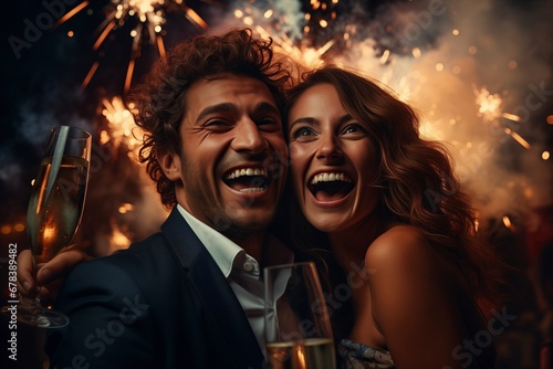 Joyous couple celebrating the New Year with champagne, surrounded by a spectacular fireworks display. 'generative AI' photo