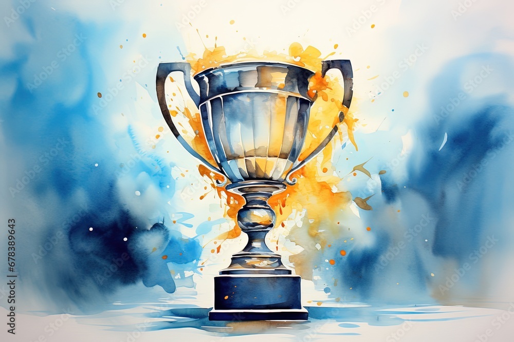 Golden trophy and streamers in sport competition with blue background. Watercolor painting. Golden trophy and streamers in sport competition with blue background. Watercolor painting.