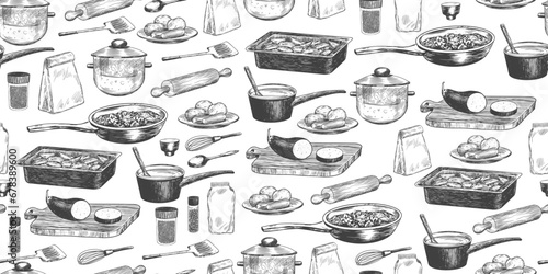 Seamless pattern with kitchen utensils. Cooking pot, saucepan, spice pack, pepper shaker, frying pan, rolling pin, cutting board, spoon isolated on white. Hand drawn illustration. Cookware. Background