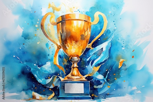 Golden trophy and streamers in sport competition with blue background. Watercolor painting.