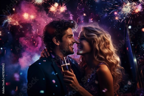 Joyous couple celebrating the New Year with champagne, surrounded by a spectacular fireworks display. 'generative AI'