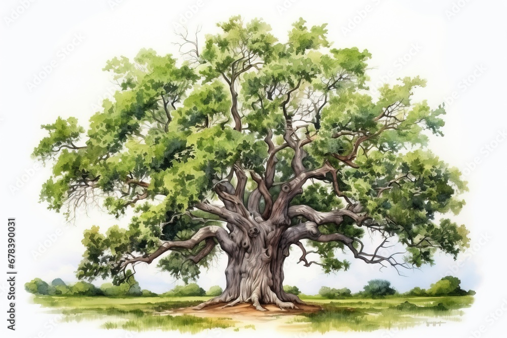 Watercolor and pencil drawing of oak tree.