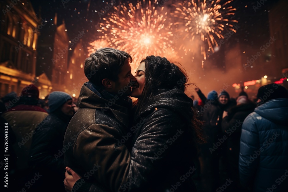 Joyous couple celebrating the New Year with champagne, surrounded by a spectacular fireworks display. 'generative AI' Joyous couple celebrating the New Year with champagne, surrounded by a spectacular fireworks display. 'generative AI'