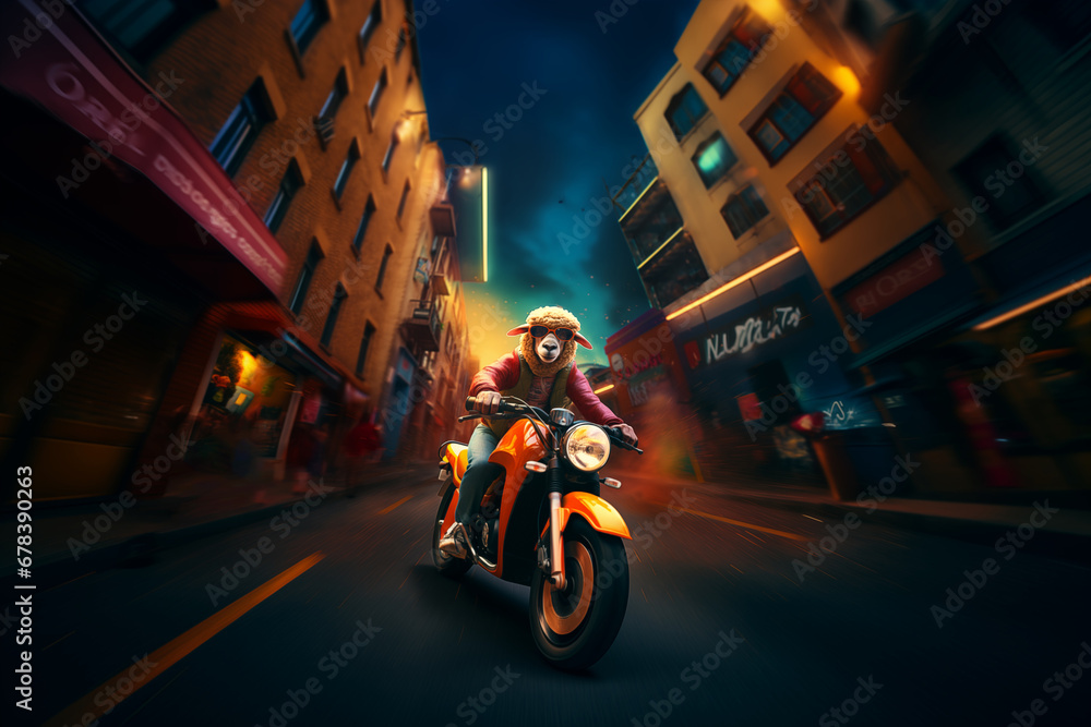 Surreal Sheep Riding a Motorcycle Through Urban Streets. Delivery concept.