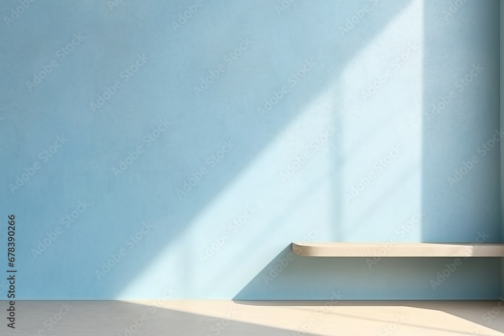 Minimal light blue background for product presentation. Shadow and light from windows on wall. Minimal light blue background for product presentation. Shadow and light from windows on wall.