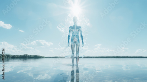 A futuristic robot in a modern, abstract, pastel blue metallic suit. © mimi
