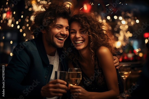 Joyous couple celebrating the New Year with champagne  surrounded by a spectacular fireworks display.  generative AI 