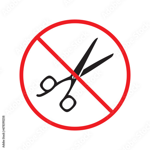 Forbidden Prohibited Warning, caution, attention, restriction label danger. Do not use Scissors vector icon. Haircutter flat sign design. No Scissors symbol pictogram UX UI
