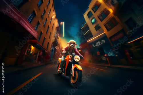 Surreal Sheep Riding a Motorcycle Through Urban Streets. Delivery concept.