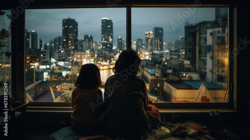 Silhouette of a mother and her daughter sitting by the window of a skyscraper taking in the view of the city in rain at dusk (ID: 678390269)