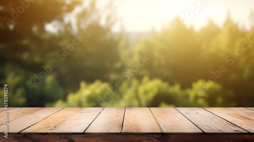 Wood table in forest landscape at golden hour, Wooden tabletop with empty copy space in nature backdrop | Generative AI