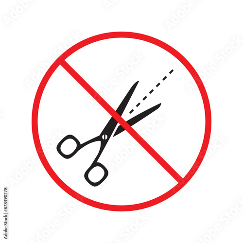 Forbidden Prohibited Warning, caution, attention, restriction label danger. Do not use Scissors vector icon. Haircutter flat sign design. No Scissors symbol pictogram UX UI