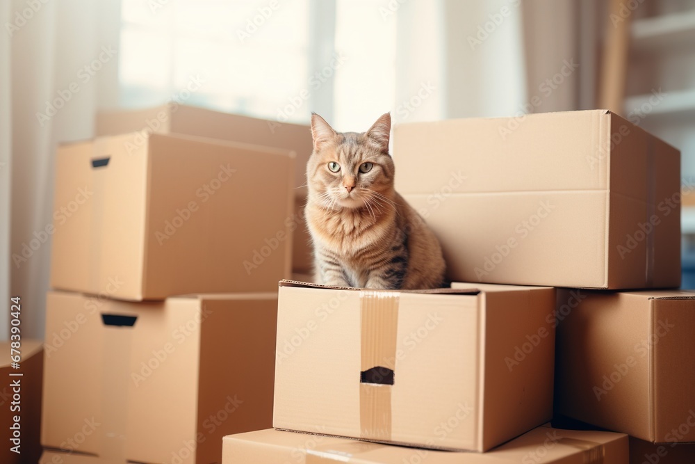 Fototapeta premium A pile of cardboard boxes and a cat sitting in an empty cardboard box. Moving to a new house.