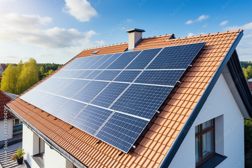 Modern house with solar panels on the roof. Modern house with solar panels on the roof.