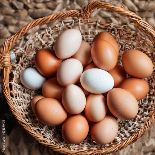 Eggs in a basket on a wooden background. Top view.