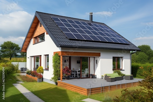 Modern house with solar panels on the roof.