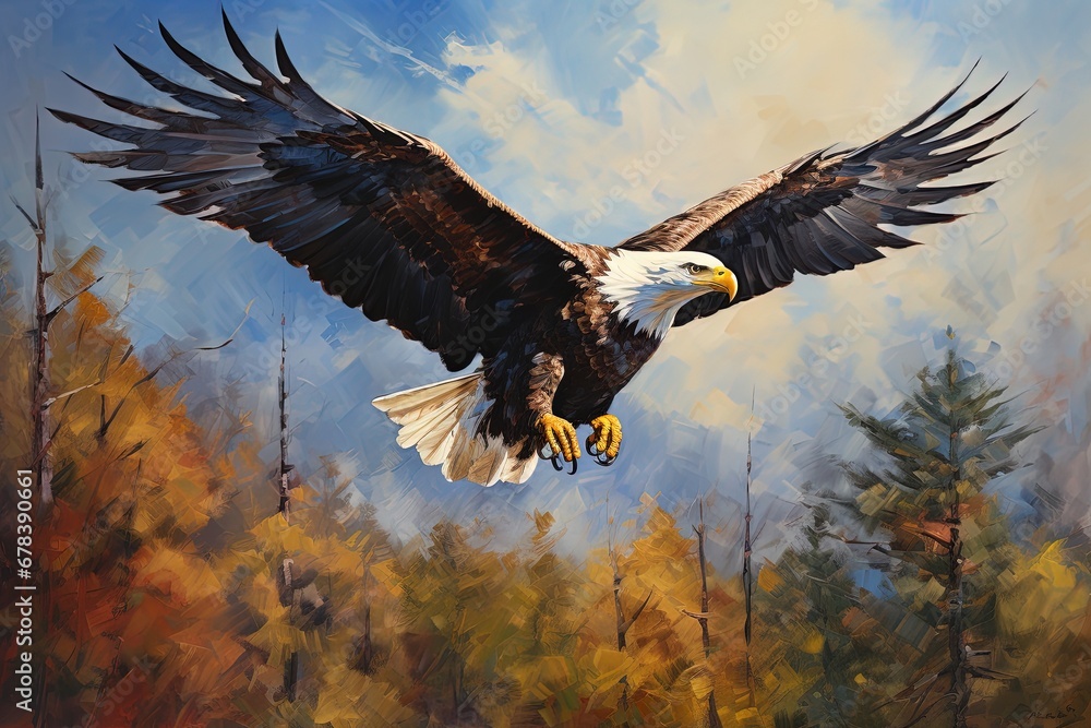 A bald eagle soaring. . Palette knife oil painting. - obrazy, fototapety, plakaty 