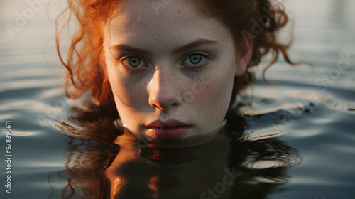 Close up Portrait of a redheaded woman partly submerged in water at sunset photo