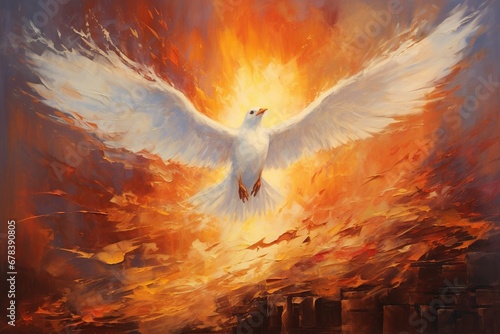 Pentecost background with flying dove and fire. Palette knife oil painting. photo