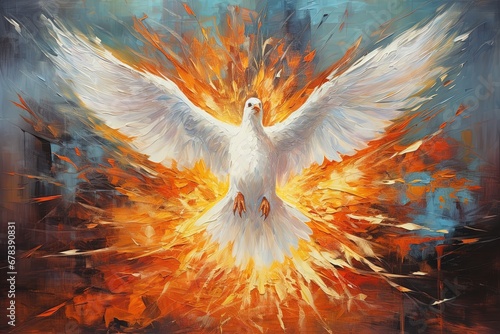 Pentecost background with flying dove and fire. Palette knife oil painting.