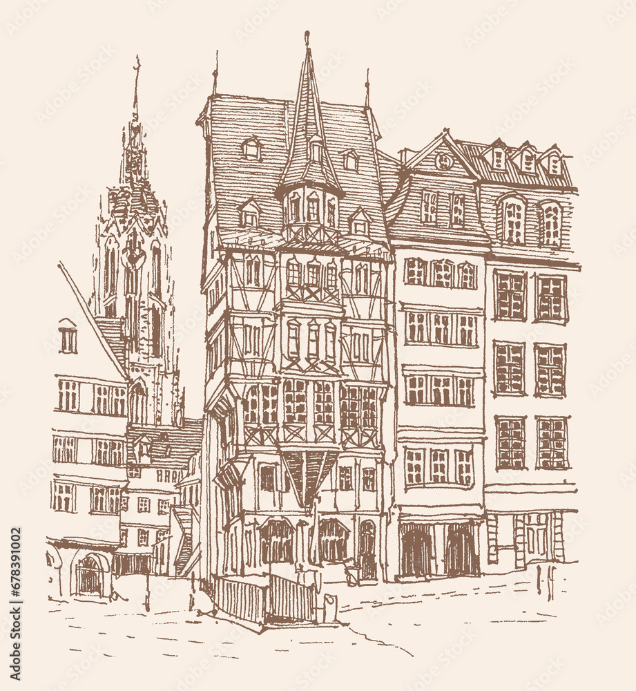Obraz premium Travel sketch illustration of Frankfurt, Germany. Sketchy line art drawing with a pen on paper. Hand-drawn old town. Urban sketch in braun color isolated on beige background. Freehand drawing.