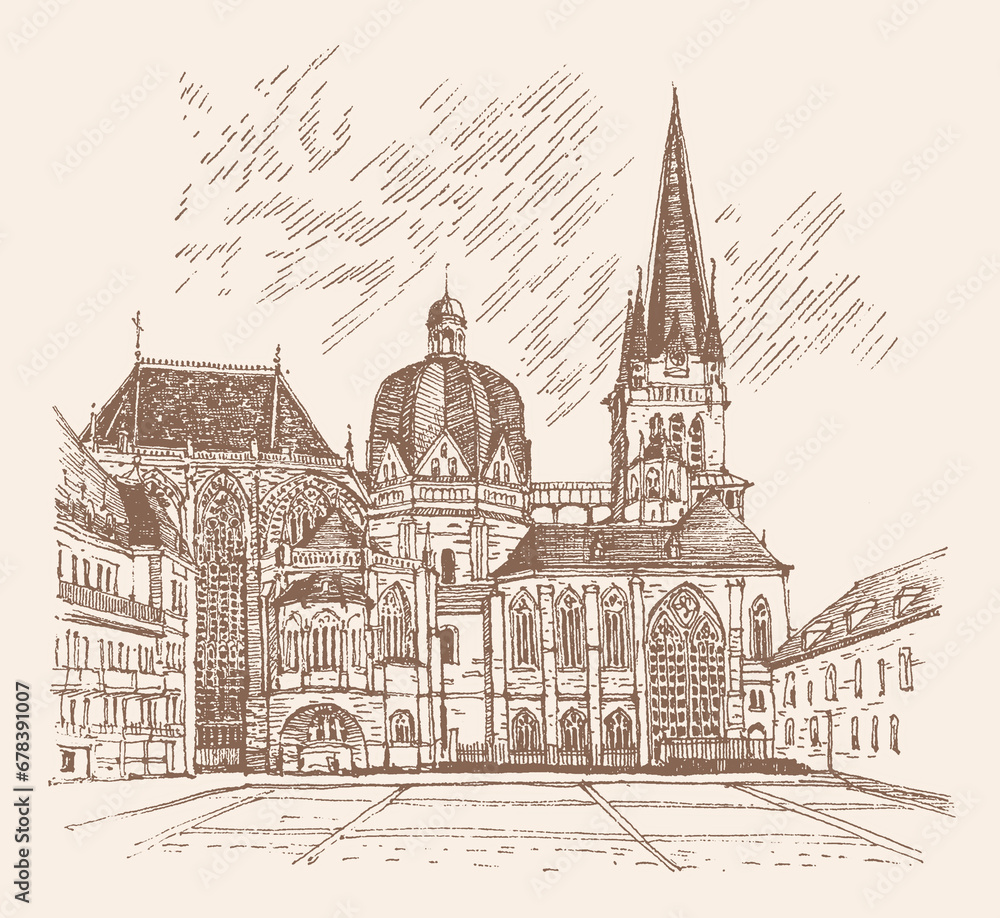 Travel sketch illustration of Aachen Cathedral, Germany. One of the oldest cathedrals in Europe, old town. Line art drawing, ink pen on paper. Hand drawn. Urban sketch, braun color on beige background