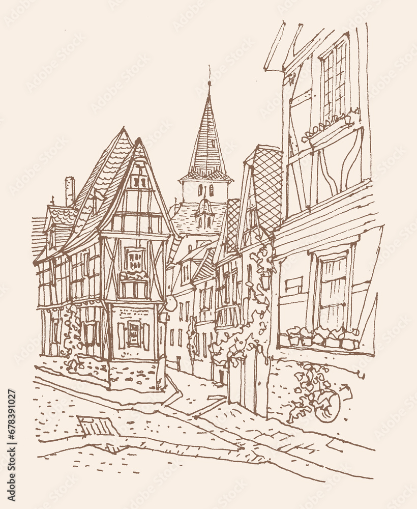 Travel sketch illustration of Braubach, Germany, Europe. Medieval fachwerk architecture, old town. Sketchy line art drawing, ink pen on paper. Hand drawn. Urban sketch, braun color on beige background