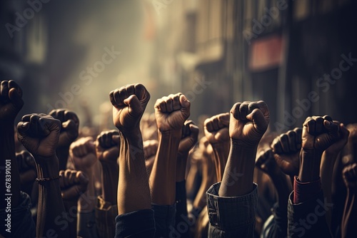 People's hands raised with clenched fists. Concept of human rights, equality.