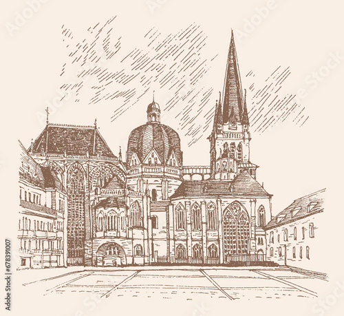 Travel sketch illustration of Aachen Cathedral  Germany. One of the oldest cathedrals in Europe  old town. Line art drawing  ink pen on paper. Hand drawn. Urban sketch  braun color on beige background