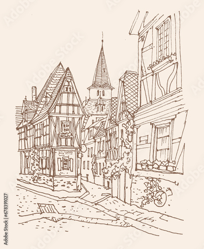 Travel sketch illustration of Braubach  Germany  Europe. Medieval fachwerk architecture  old town. Sketchy line art drawing  ink pen on paper. Hand drawn. Urban sketch  braun color on beige background