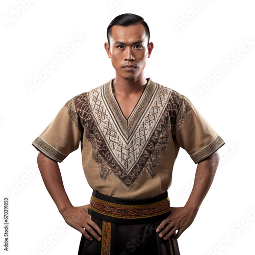 front view mid body shot of a male Iban from Malaysia in a Pua Kumbu traditional clothing isolated on a white transparent background photo