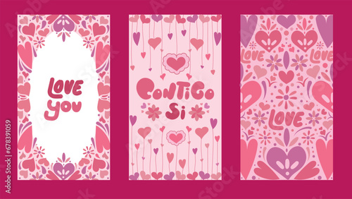 Plantilla de invitación, tarjeta y fondo con patrón de corazones para día del amor, San Valentín.