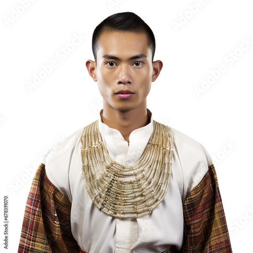 front view mid body shot of a male Kayan from Myanmar in a Kayan Lahwi traditional clothing isolated on a white transparent background photo