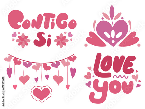 Stickers o recursos de amor y San Valentín. Contigo si y love you con corazones. photo