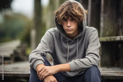 Sad, depressed teenager sitting outdoors alone. photo