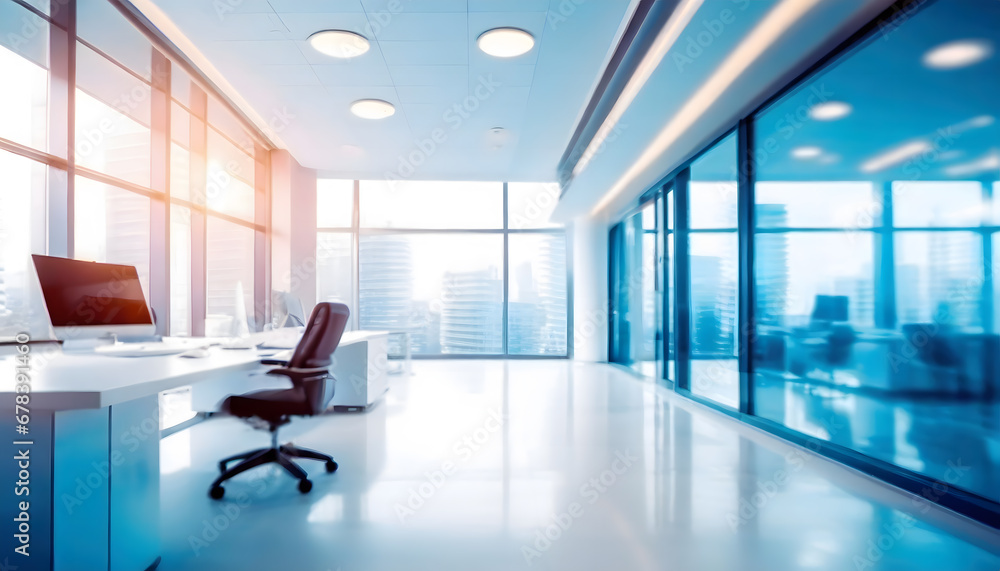 Beautiful blurred background of a light modern office interior with huge panoramic windows and beautiful cold lighting Beautiful blurred background of a light modern office interior with huge panoramic windows and beautiful cold lighting