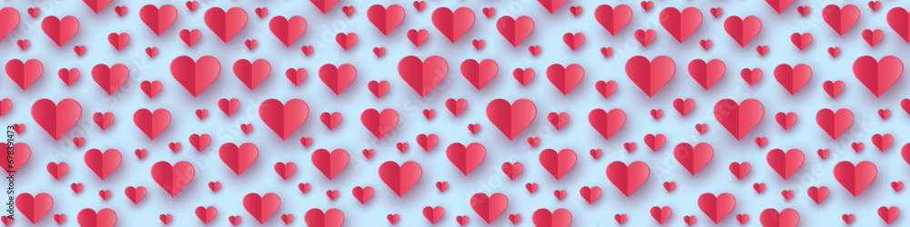 Valentine’s hearts flying on blue background. Seamless pattern with paper cut decorations. Symbols of love. Banner. Vector illustration