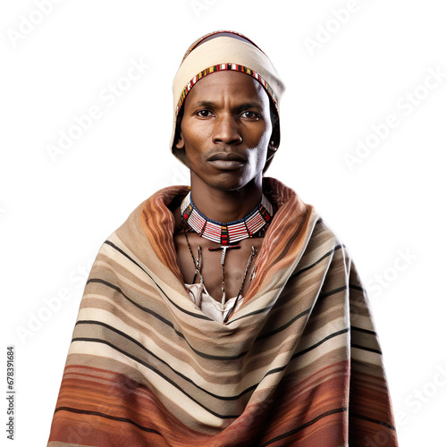 front view mid body shot of a male Xhosa from South Africa in a Umbhaco traditional clothing isolated on a white transparent background photo