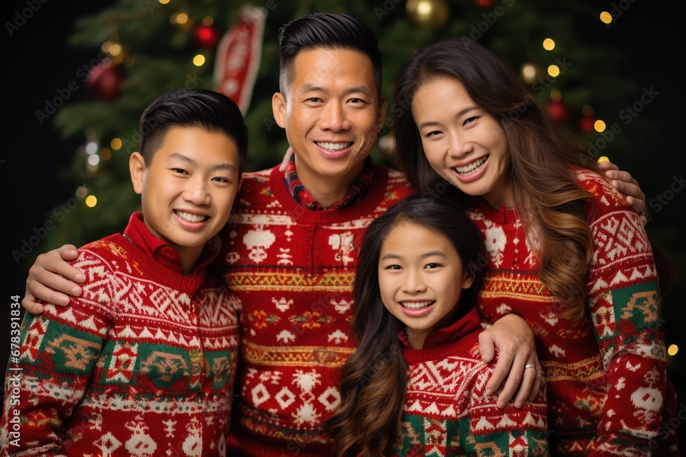 Smiling asian family in ugly Christmas sweater.	