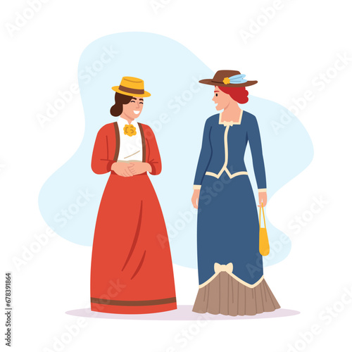 Vector illustration of girls from the ancient era. Cartoon scene with girls talking, dressed in vintage clothes, fashionable hats with accessories: handbag, brooches. Style from the 19th century.