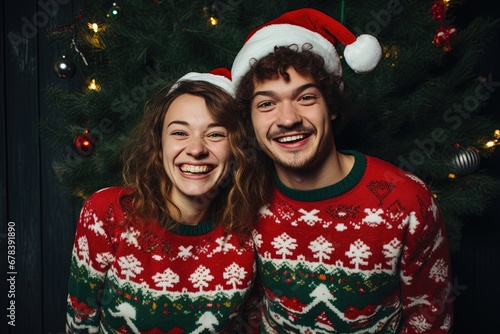 Smiling couple in ugly Christmas sweater. 