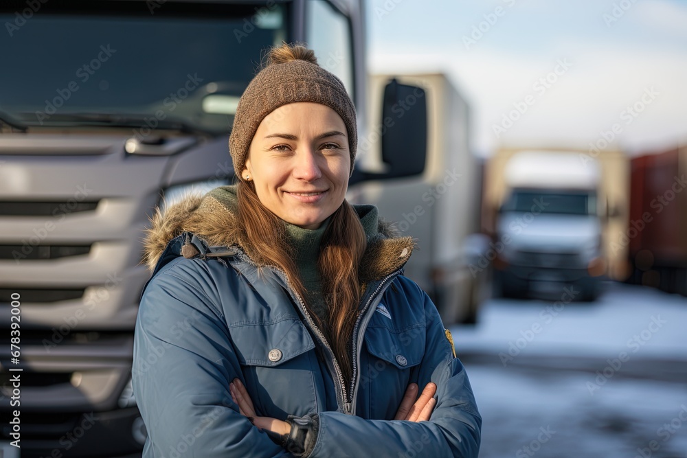 Beautiful smiling female truck driver at winter.