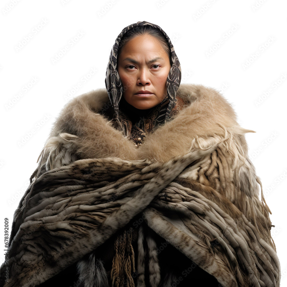front view mid body shot of a female Maori from New Zealand in a Korowai feathered cloak isolated on a white transparent background front view mid body shot of a female Maori from New Zealand in a Korowai feathered cloak isolated on a white transparent background