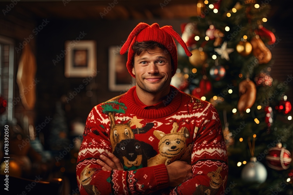 Smiling caucasian man in ugly Christmas sweater.