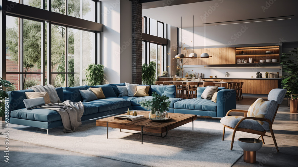 Spacious contemporary interior of a residence with a blue sofa table and decor elements in the living room This house layout is ideal for product presentation or as a backdrop. Generative AI Spacious contemporary interior of a residence with a blue sofa table and decor elements in the living room This house layout is ideal for product presentation or as a backdrop. Generative AI
