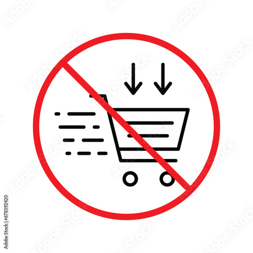 Forbidden online shopping symbol. Prohibited Warning, caution, attention, restriction label danger. No online shopping flat sign design. Do not use trolley vector icon pictogram. UX UI icon