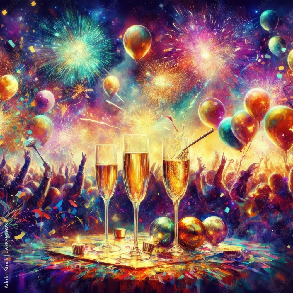 illustration conveys the joy of New Year with fireworks, confetti and people celebrating in harmony, New Year celebration, lifestyle concept, generative ai