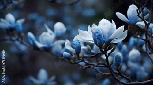Beautiful blooming magnolia tree with blue flowers in spring time. Springtime Concept. Valentine's Day Concept with a Copy Space. Mother's Day.