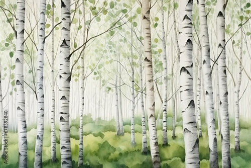 Fototapeta Akwarela, malarstwo; las, krajobraz, brzozy na wiosnę.