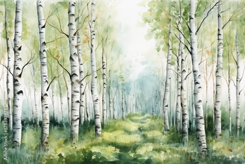 Watercolor painting forest landscape of birch trees in spring. photo